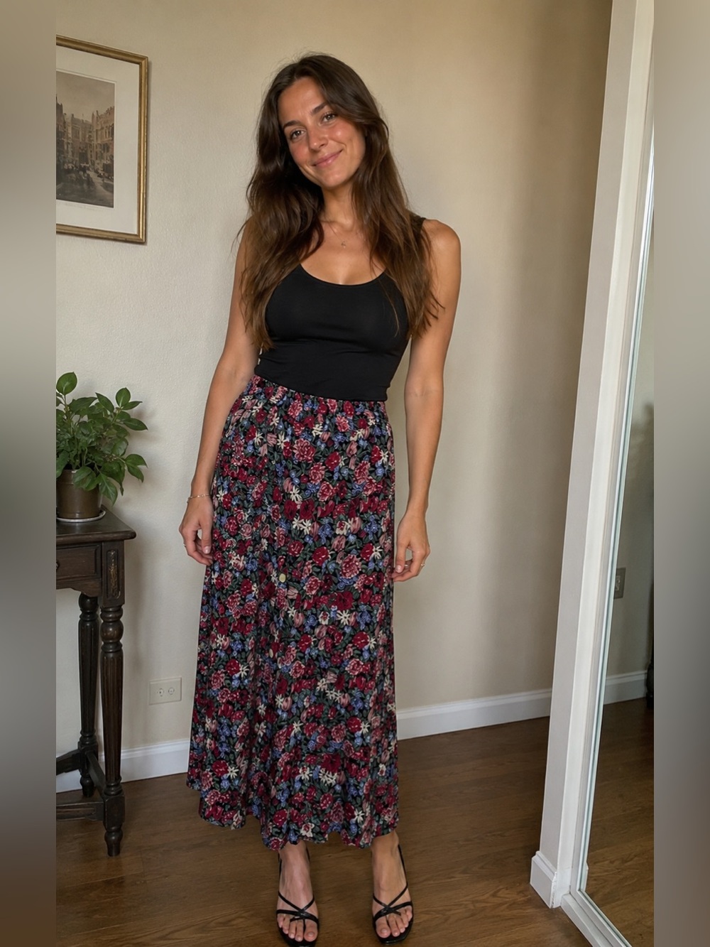 Vintage 60s Flower Garden Skirt Pleated Punutayo Rayon Rose Garden Grandma Farm